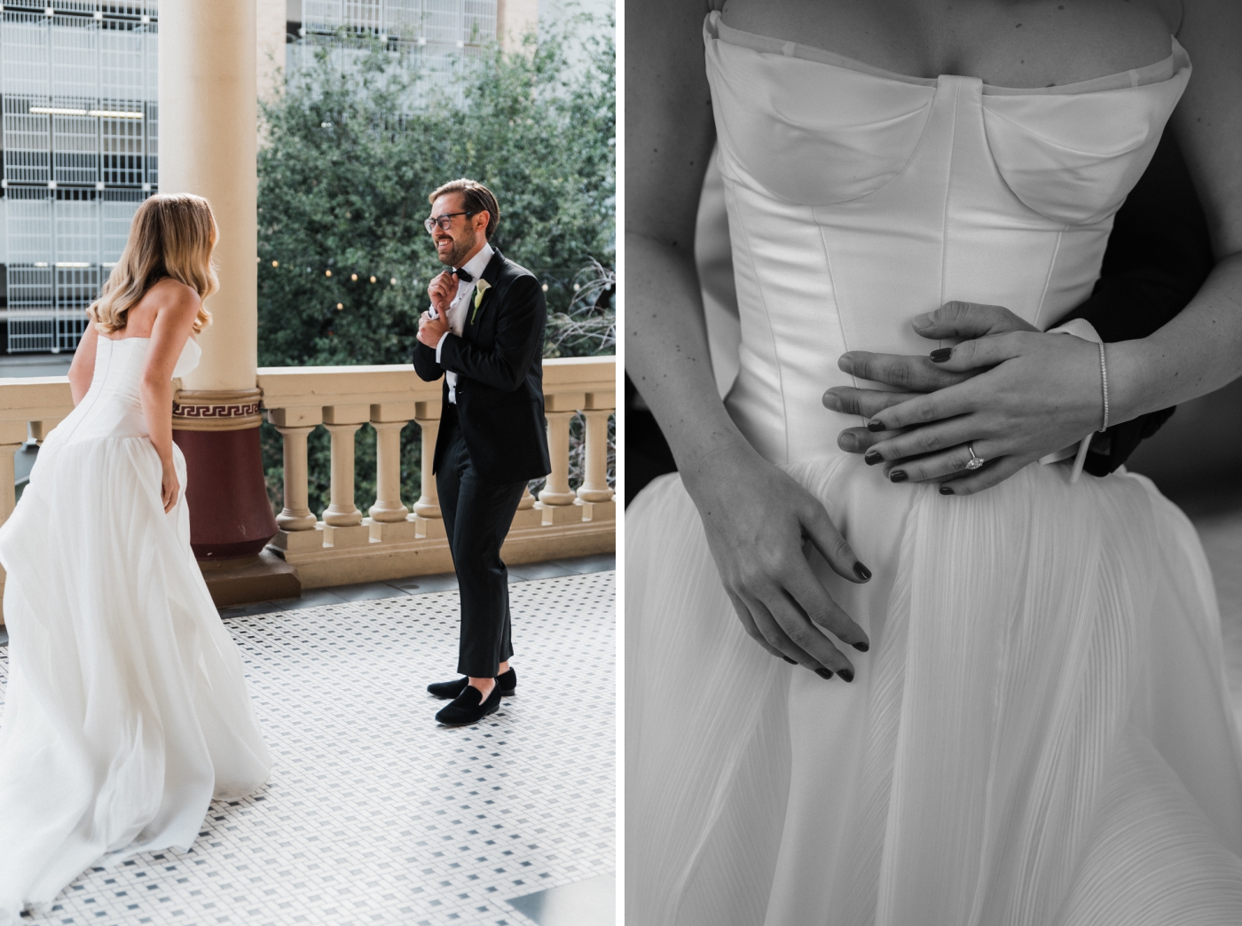 A groom reacts to seeing his bride in her wedding gown on the porch of The Driskill