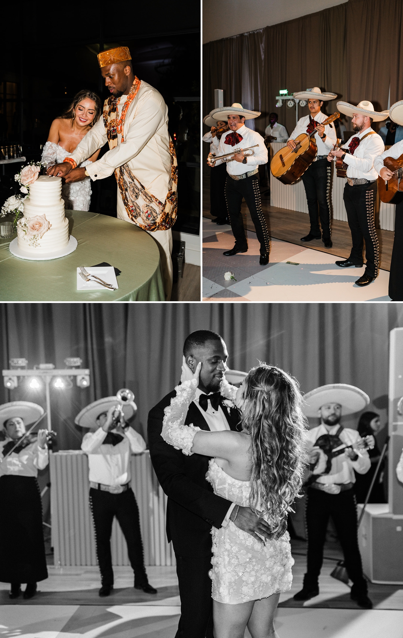 Bride and groom dancing with Mariachi band in the background 