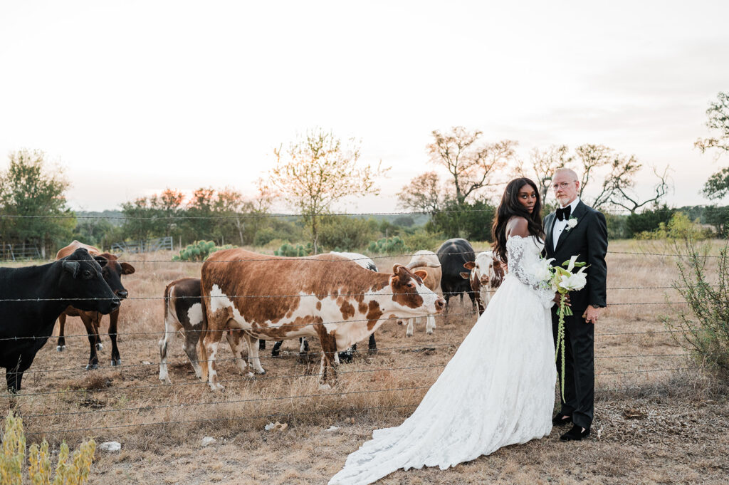 Quiana and David's golden hour portraits with a vintage red truck in Wimberley, TX