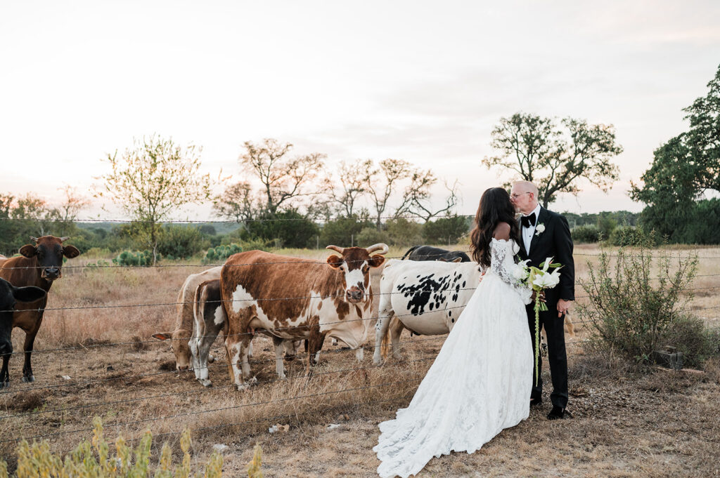 Quiana and David's golden hour portraits with a vintage red truck in Wimberley, TX